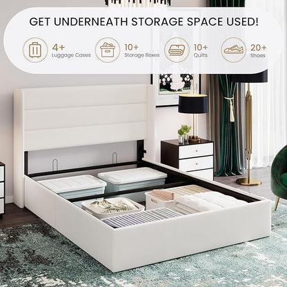 SHA CERLIN Full Size Lift Up Storage Bed/Velvet Upholstered/Modern Wingback Headboard/Upholstered Platform Bed Frame/Hydraulic Storage/No Box Spring Needed/White