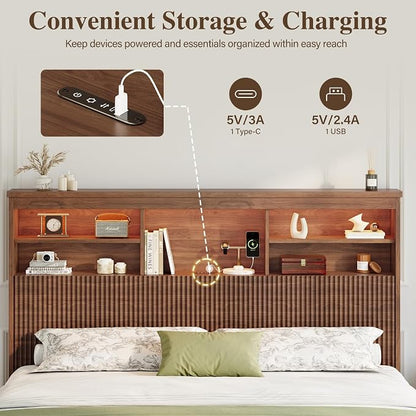 King Size Bed Frame and Tall Headboard & Storage, Metal Platform Bed Frame with 4 Storage Drawers, King Bed Frame with LED Lights & Charging Ports, No Box Spring Needed, Noise-Free, Brown