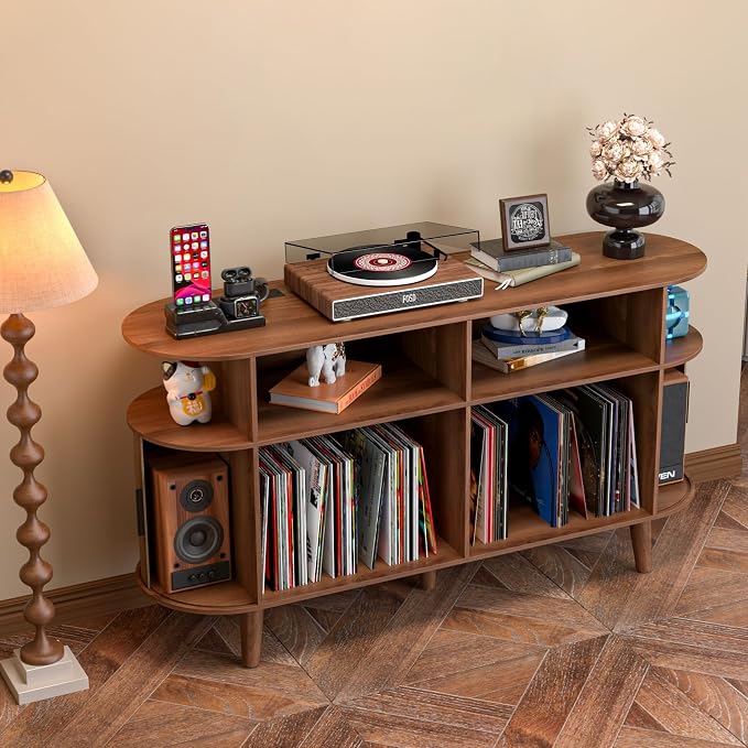 LUVIOHOME Large Round Record Player Stand with Charging Station & USB Ports，Record Storage Cabinet, Mid Century Modern Turntable Stand for Bedroom Living Room (Walnut)