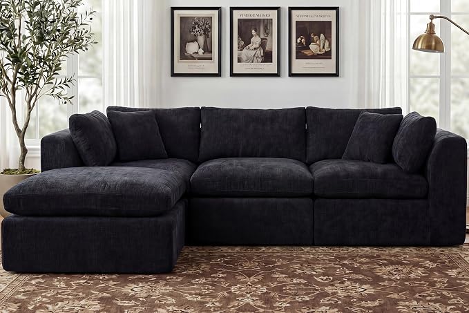 GRUSIGN 110'' Oversized Boneless Cloud Couch for Living Room, Modern Big Sectional Compressed L Shape Couch with Ottoman, Comfy Chenille Deep Seat Memory Foam Spineless 4 Seater Sofa, Black