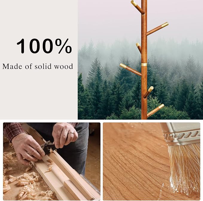 Wooden Coat Rack Freestanding, Hall Tree Hanger With Resin Hooks, Adjustable Heavy Duty Coat Rack for Hanging Clothes Bags Hats in Living Room Bedroom (coat rack, Simple Hook)