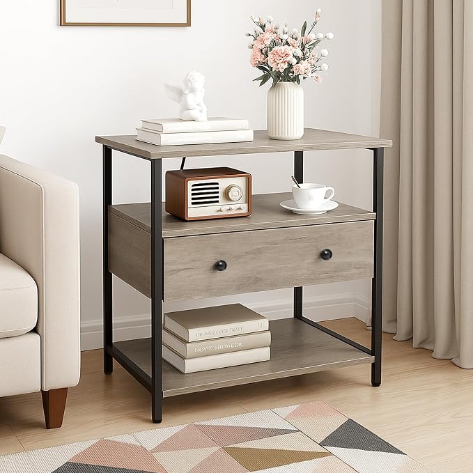 Edbuosy 27 Inch Wide Night Stand with Charging Station, Wood Nightstand with Open Shelf, Large Drawer Bedside Table for Living Room/Bedroom/Office, Rustic Gray