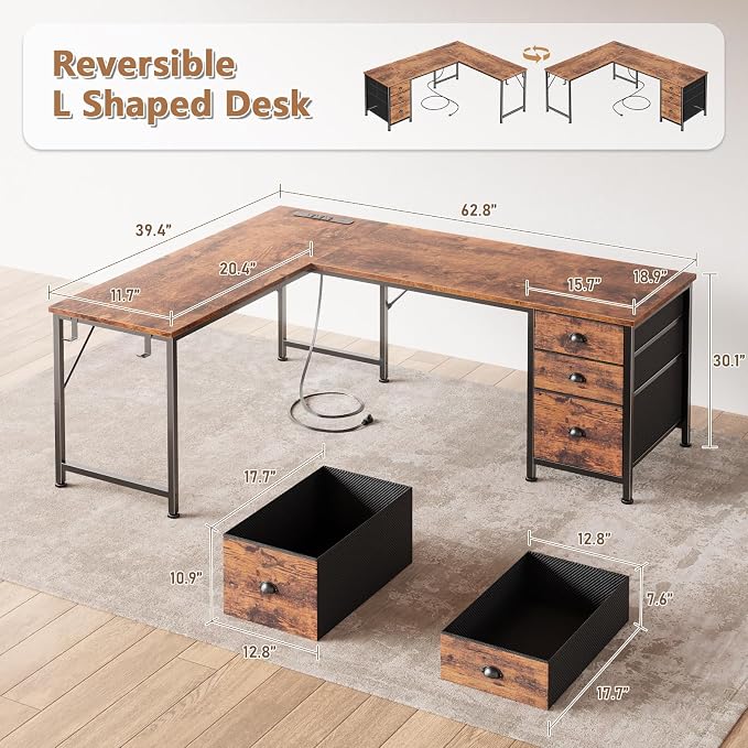 Furologee 63" L Shaped Desk with Power Outlets & USB-C Port, Reversible Corner Computer Desk with 3 Fabric Drawers, Hooks, Large Home Office Desk for Gaming, Writing, Work, Rustic Brown