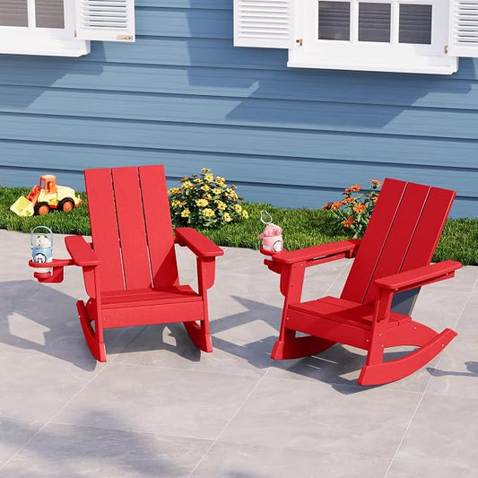 Costaelm Palms Kids Outdoor Preschool HDPE Plastic Modern Adirondack Rocking Chair (Set of 2), Red