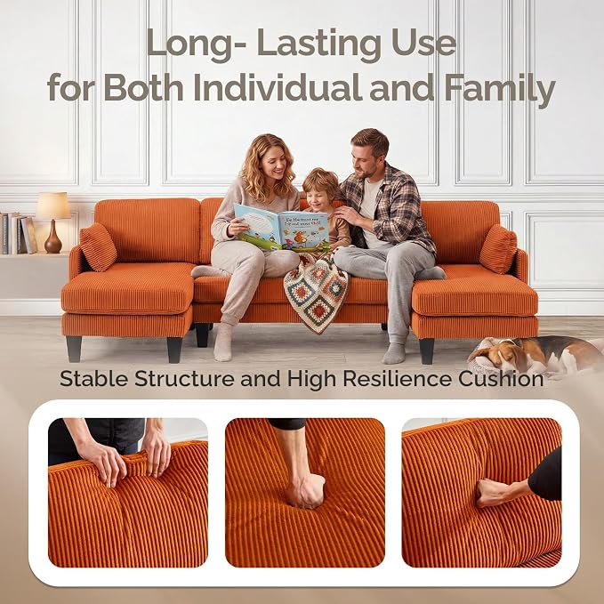 VINGLI 108" W U-Shaped Sectional Couches for Living Room, Sturdy Wooden Armrest Corduroy Cloud Couch with Double Chaise, High Support Modern 4-Seat Sectional Sofa for Apartment, Offices, Orange