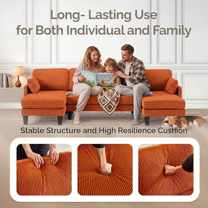 VINGLI 108" W U-Shaped Sectional Couches for Living Room, Sturdy Wooden Armrest Corduroy Cloud Couch with Double Chaise, High Support Modern 4-Seat Sectional Sofa for Apartment, Offices, Orange