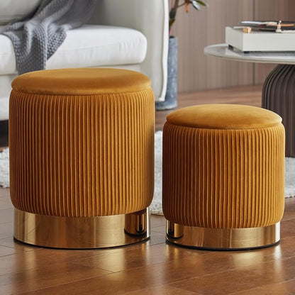Round Ottoman with Storage Set of 2 Small Ottoman Coffee Table, Vanity Chair Foot Stool, Removable Lid, Hidden Storage, for Living Room, Bedroom, Hallway, Assembly Free (Orange)