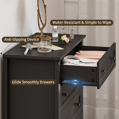 Farmhouse Dresser Nightstand Sets, 2-Piece Bedroom Furniture Set for Home | 5 Drawer Dresser Closet & 3 Drawer Nightstand, Chest of Drawers for Bedroom, Living Room, Entryway, Black