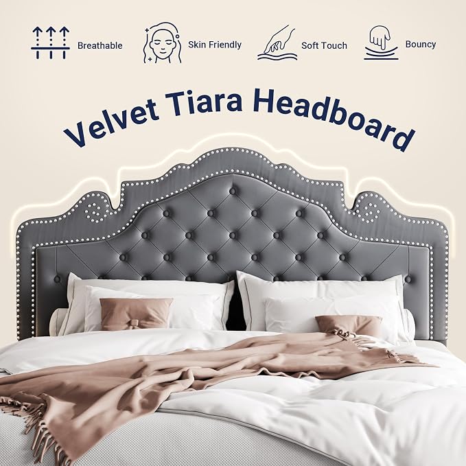 Allewie Queen Size Bed Frame with Adjustable Velvet Tiara Headboard, Upholstered Diamond Button Tufted Platform Bed, Wood Slats Support, No Box Spring Needed, Light Grey