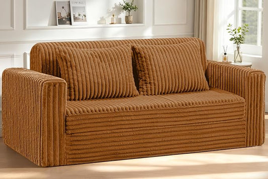 HABUTWAY 78" Loveseat Boneless Couch, 4-in-1 Convertible Sofa Bed, Plush Fur Folding Futon Sofa Bed Couches with 2 Pillows for Living Room, High-Density Foam Support, No Assembly Required, Orange