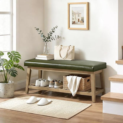 Entryway Bench with Cushion, Upholstered Shoe Rack Bench with Solid Wood Shelf, 44" End of Bed Bench for Bedroom, Chenille Fabric Storage Bench for Entryway, Hallway, Living Room (PU-Green)