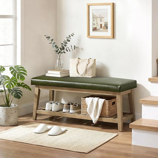 Entryway Bench with Cushion, Upholstered Shoe Rack Bench with Solid Wood Shelf, 44" End of Bed Bench for Bedroom, Chenille Fabric Storage Bench for Entryway, Hallway, Living Room (PU-Green)