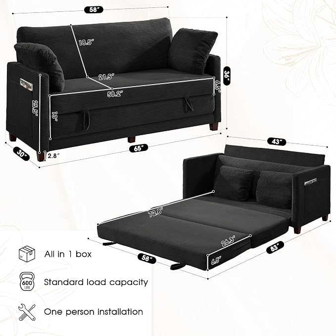Myroyalsit 65" Convertible Loveseat Sofa Bed, 2-in-1 Folding Sofa Bed with 2 Pillow for Small Spaces, Modern Loveseat Sleeper Couch for Apartment, Living Room & Guest Room (Black Corduroy, 65 inch)