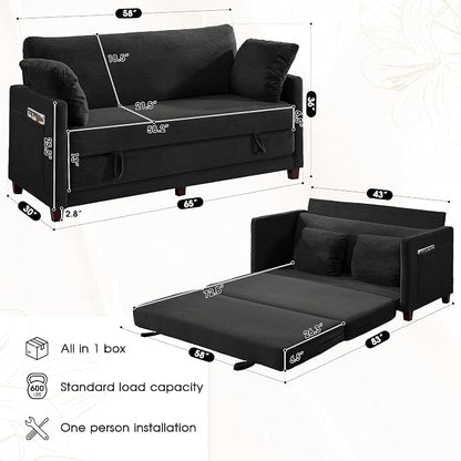 Myroyalsit 65" Convertible Loveseat Sofa Bed, 2-in-1 Folding Sofa Bed with 2 Pillow for Small Spaces, Modern Loveseat Sleeper Couch for Apartment, Living Room & Guest Room (Black Corduroy, 65 inch)