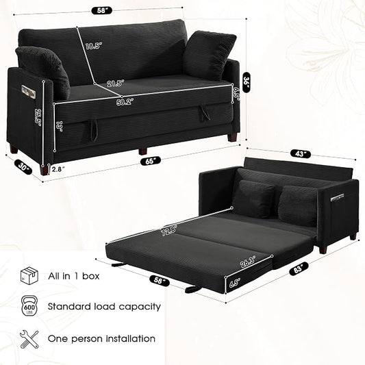 Myroyalsit 65" Convertible Loveseat Sofa Bed, 2-in-1 Folding Sofa Bed with 2 Pillow for Small Spaces, Modern Loveseat Sleeper Couch for Apartment, Living Room & Guest Room (Black Corduroy, 65 inch)