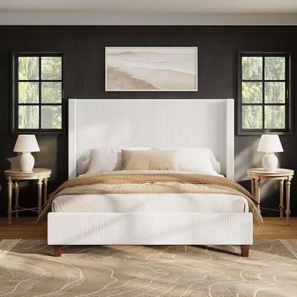 HOWE California King Size Bed Frame with Corduroy Wingback Headboard, White | Modern Upholstered Platform Bed, 50.8 Inch Tall Profile, Solid Wood Slats, No Box Spring Needed, Noise-Reducing Designrt