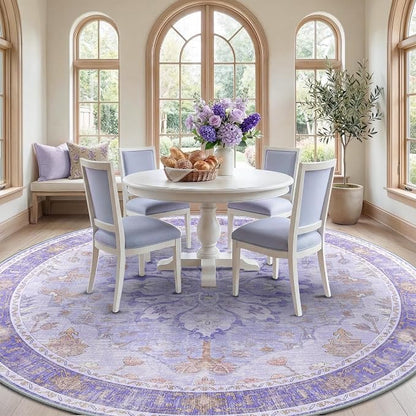 RELEANY Area Rugs Round 10ft Washable Non-Slip, Floral Vintage Distress Medallion Carpet for Living Room Bedroom Dining Room, Light Purple Brown