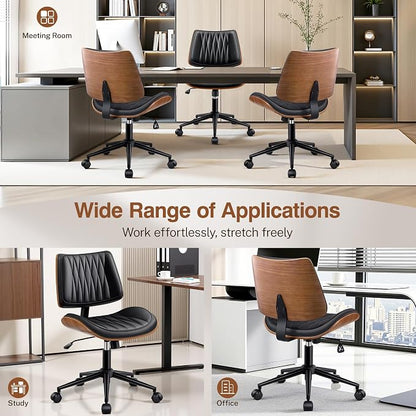 Ergonomic Armless Office Desk Chair - Mid-Century Modern Black Faux Leather with Diamond Stitch, Adjustable Height Swivel Rolling Task Computer Chair with Walnut Accent for Home Office, Study & Work