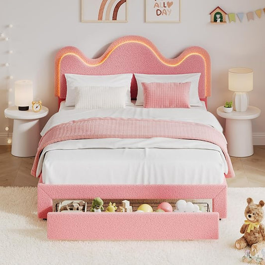 IDEALHOUSE Queen Bed Frame with LED Headboard and Under-Bed Drawer, Metal Upholstered Platform Bed with LED Light for Kids, Girls, Lamb Fleece Fabric, Wooden Slats Support, No Box Spring Needed, Pink