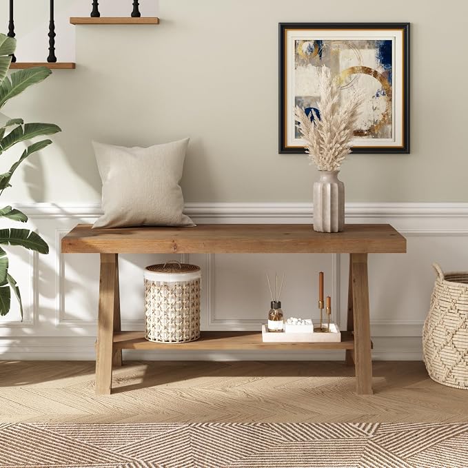 RowyPoey Solid Wood Bench, 39" Farmhouse Entryway Bench with Storage Shelf, Triangular Leg Design, Narrow Rustic Benches for Hallway, Bedroom, Dining, Kitchen, Easy Assembly
