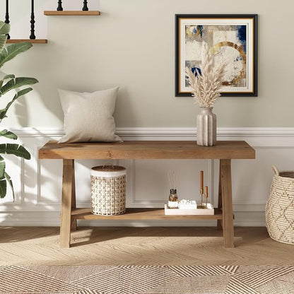 RowyPoey Solid Wood Bench, 39" Farmhouse Entryway Bench with Storage Shelf, Triangular Leg Design, Narrow Rustic Benches for Hallway, Bedroom, Dining, Kitchen, Easy Assembly