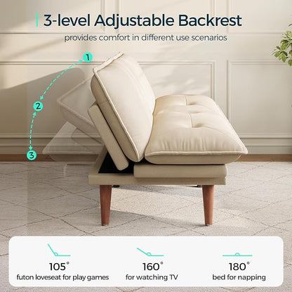LINSY HOME Futon Sofa Bed, 70" Chenille Futon Couch with Adjustable Backrest Armrest, 3 in 1 Convertible Comfy Loveseat Sleeper Sofa Bed for Small Spaces Dorm Room Apartment Home Office(Khaki)
