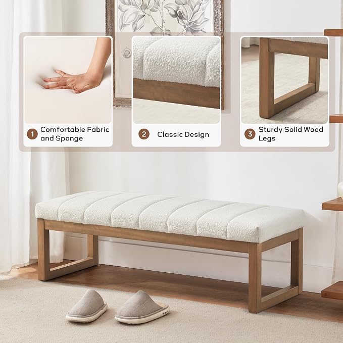 Zihanhome 52.7" Bedroom Bench for End of Bed, Modern Upholstered Teddy Fabric Entryway Bench & Dining Bench, Footrest Stool Bench with Solid Wood Frame for Bedroom, Living Room (Beige)