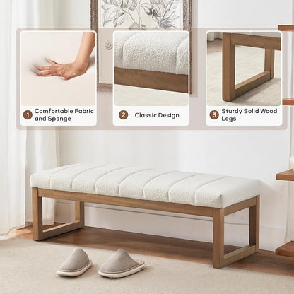 Zihanhome 52.7" Bedroom Bench for End of Bed, Modern Upholstered Teddy Fabric Entryway Bench & Dining Bench, Footrest Stool Bench with Solid Wood Frame for Bedroom, Living Room (Beige)