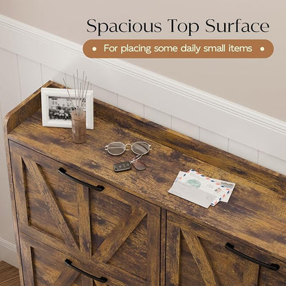 MU Shoe Storage Cabinet with 4 Flip Drawers, Freestanding Shoe Cabinet, Shoe Organizer with Wood Legs for Entryway, Slim Shoe Cabinet, Rustic