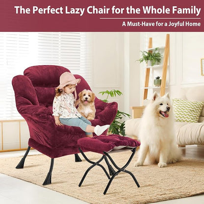 Youtanic Lazy Chair with Folding Ottoman, Accent Chair Plush Upholstered with Metal Structure and Non-Slip Pads, Sofa Armchair with Footrest and Side Storage Bag for Dorm, Room, Office, Rose Red