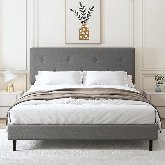 King Size Linen Bed Frame, Upholstered Platform Bed Frame with Adjustable Headboard, Wooden Slats Support, No Box Spring Needed, Easy Assembly, Grey