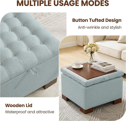 24 Inch Square Storage Ottoman Coffee Table, Modern Tufted Upholstered Ottoman with Flip Tray and Solid Wood Legs, Suitable for Living Rooms, Linen Blue