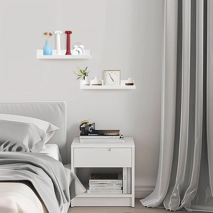 Muzilife 16" Floating Wall Ledge Shelves with Lip - Set of 2 Wood Floating Shelves - White Wall Mounted Picture Ledge for Office, Bathroom, Bedroom, Living Room, Kitchen