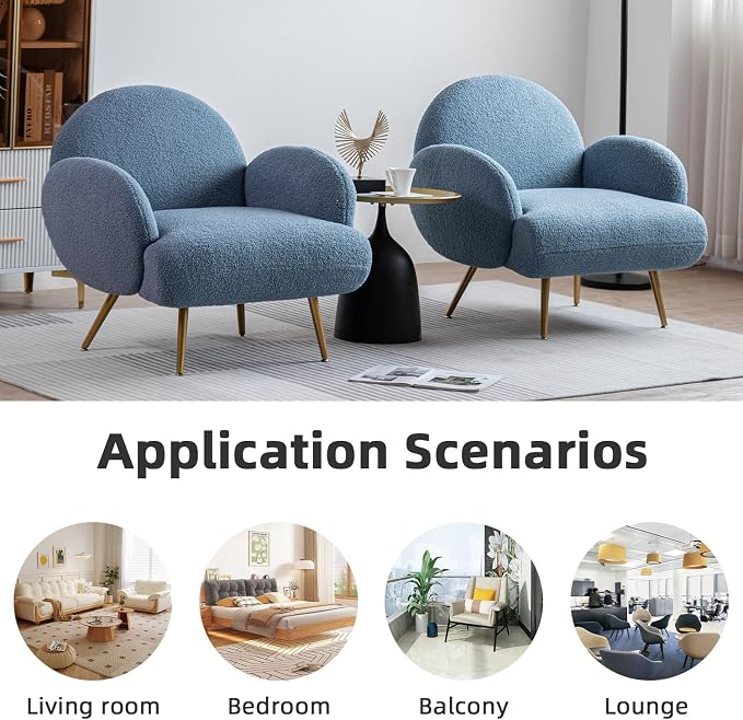 Blue Accent Sherpa Chair Comfy Modern Living Room Chair Teddy Fabric Mid Century Bedroom Chair with Golden Legs Arm Chair for Reading Bedroom Single