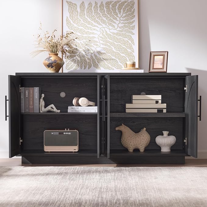 Fatmok Buffet Cabinet with Storage, 59'' Modern Arched Sideboard Cabinet w/Adjustable Shelves, Wood Media TV Console Table Credenza for Living Room Hallway Entryway, Black Grey
