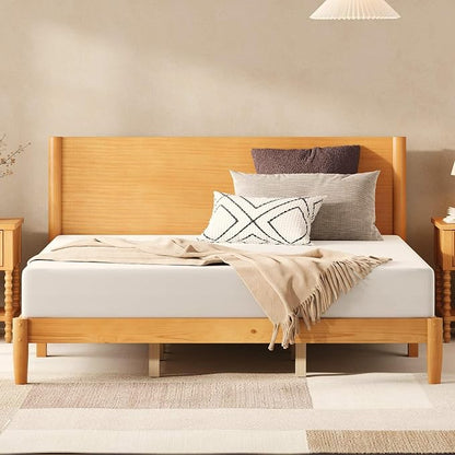 AMERLIFE Solid Wood King Size Bed Frame, Mid Century Modern Platform Bed with Full Panel Headboard, Noise-Free & Cylindrical Legs, No Box Spring Needed, Under-Bed Storage, Natural Wood
