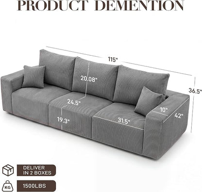 Modular Sectional Sofa, 115" Memory Foam Cloud 3-Seater Boneless Couch, Cozy Upholstered Corduroy Frameless Sofa, No Assembly Required Extra Wide Seating for Living Room & Apartment, Grey