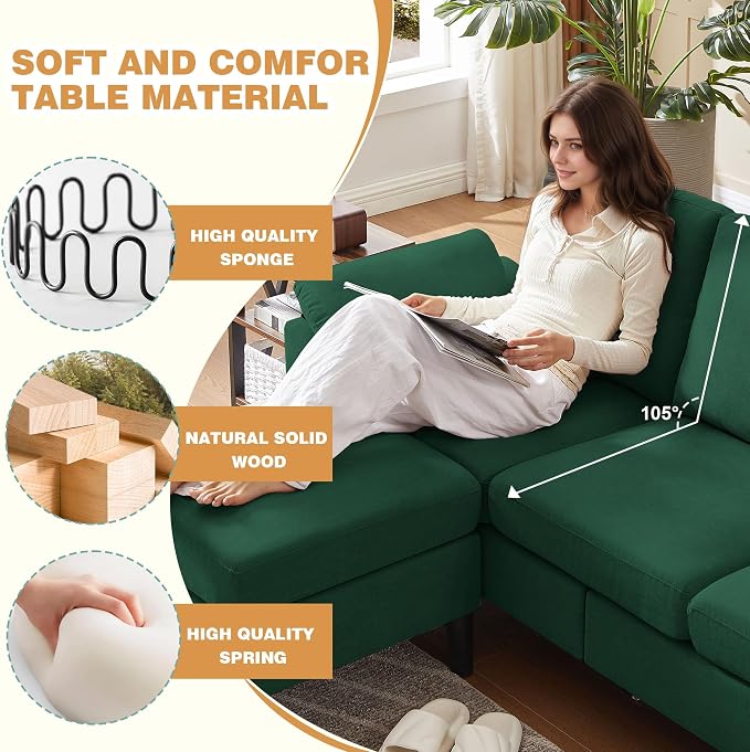 4 Piece Convertible Sectional Sofa Set, Modern Linen Small L Shaped Couch with Reversible Chaise, 3-Seater Sofa & Loveseat & Armchair for Living Room, Office, Apartment, Green