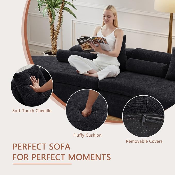 AVZEAR Curved Modular Sectional Sofa, Chenille Upholstered Cloud 3 Seater Couch for Living Room, No Assembly Modern Love Seat Sofa with 3 Bolster Pillows & 3 Square Pillows, High-Density Foam, Black