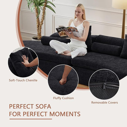 AVZEAR Curved Modular Sectional Sofa, Chenille Upholstered Cloud 3 Seater Couch for Living Room, No Assembly Modern Love Seat Sofa with 3 Bolster Pillows & 3 Square Pillows, High-Density Foam, Black