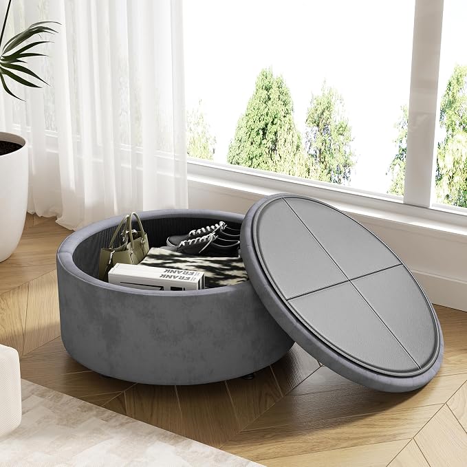 30 Inch Round Storage Ottoman,Modern Tufted Ottomans,Circular Coffee Table with Removable Top,Upholstered Large Ottoman with Storage Footrest Stool for Bedroom Living Room (LIGHTGREY)