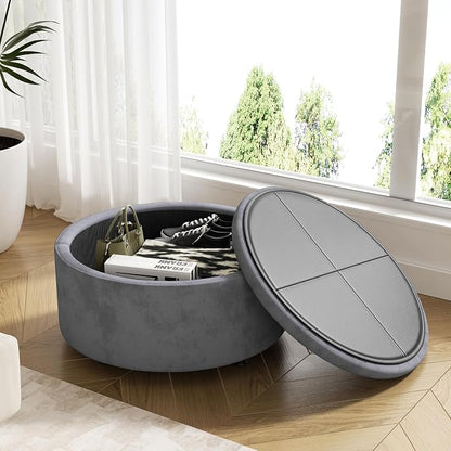 30 Inch Round Storage Ottoman,Modern Tufted Ottomans,Circular Coffee Table with Removable Top,Upholstered Large Ottoman with Storage Footrest Stool for Bedroom Living Room (LIGHTGREY)