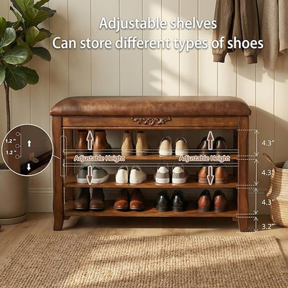 Shoe Rack Bench Entryway Storage with Leather Cushion, Shoe Organizer Bench for Entryway, Front Doors Entrances Hallway,Mudroom,Closet, Bedroom,Solidwood 3 Height-Adjustable Removable Shelve,31.5"