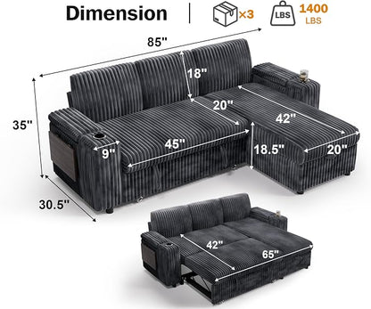 WEUP 86" Modular Sectional Sleeper Sofa with Pull Out Bed, 3 Seat Plush Corduroy L Shaped Couch with USB Ports|Cup Holders|Side Table|Storage Chaise Armrests, Tool Free Assembly, Grey