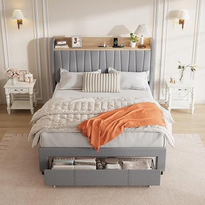 GarveeHome Upholstered Bed Frame with Storage Headboard and Charging Station, Platform Bed Frame with Drawers, Heavy Duty, No Box Spring Needed, Easy Assembly, Grey, Full Size