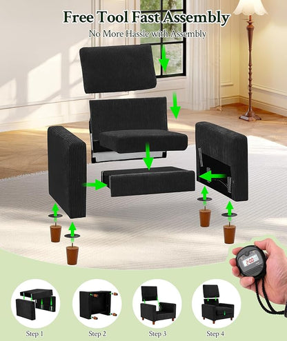 Welzona 35.3" Couches for Living Room, Comfy Black Couch Single with 22.5" Deeper Seat, Accent Chair Tool-Free Setup, Reading Chair 440lbs Support, Corduroy Couch for Bedroom, Apartment, Office