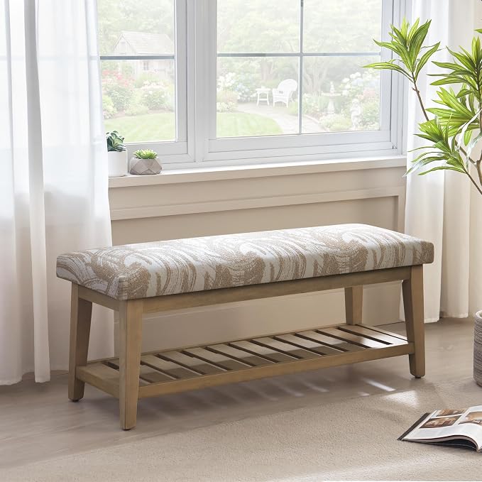 Entryway Bench with Cushion, Upholstered Shoe Rack Bench with Solid Wood Shelf, 44" End of Bed Bench for Bedroom, Chenille Fabric Storage Bench for Entryway, Hallway, Living Room (Textured Beige)