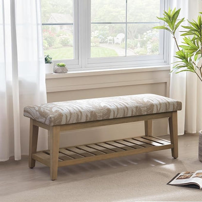 Entryway Bench with Cushion, Upholstered Shoe Rack Bench with Solid Wood Shelf, 44" End of Bed Bench for Bedroom, Chenille Fabric Storage Bench for Entryway, Hallway, Living Room (Textured Beige)