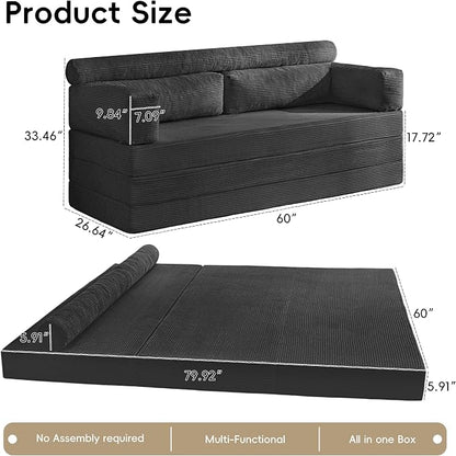 60" Boneless Couch, 5-in-1 Convertible Sofa Bed Tri Folding Mattress with Removable L-Shaped Armrests, Corduroy Futon Couch Sleeper with Pull Out Bed for Living Room Bedroom Apartment, Black