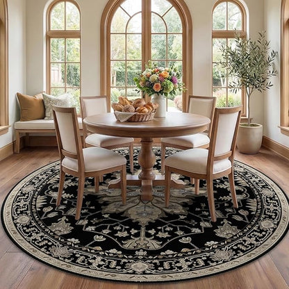 RELEANY Area Rugs Round 7ft Washable Non-Slip, Floral Vintage Distress Medallion Carpet for Living Room Bedroom Dining Room, Black Brown Neutral Dark Tan